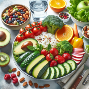 Assiette équilibrée pour sportifs, composée d'aliments riches en nutriments essentiels, selon les principes de la naturopathie. L'image montre une combinaison colorée de protéines, légumes et céréales, soulignant l'importance d'une nutrition saine pour une performance sportive optimale.